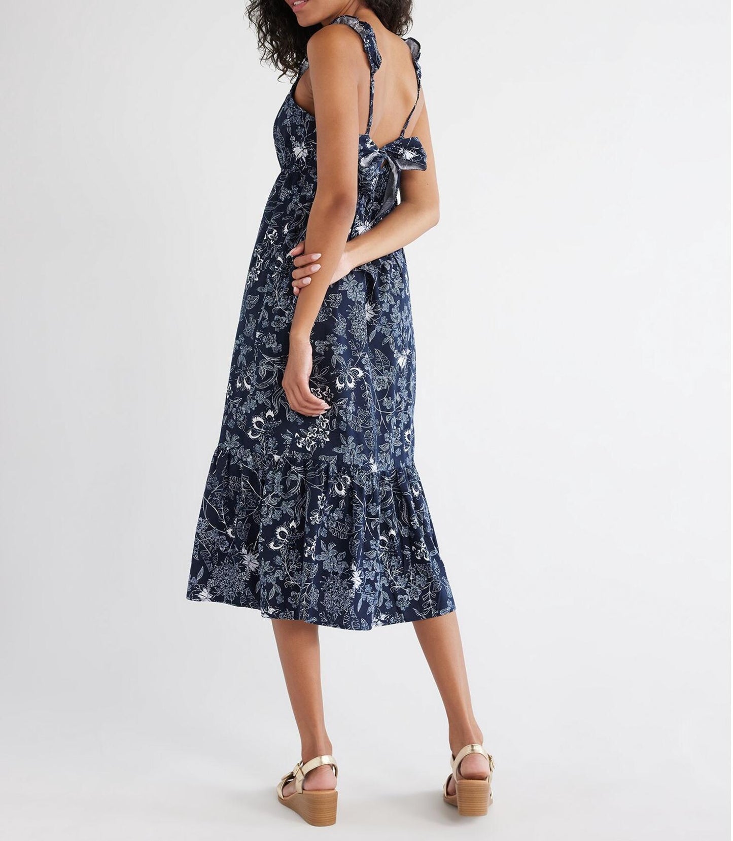 Time and Tru Womens Tie Back Midi Dress with Ruffled Straps Dark Navy Size M