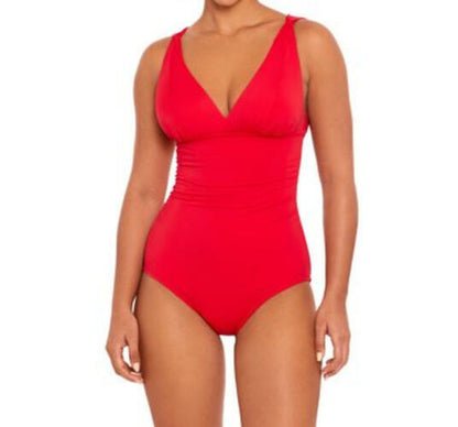 Time and Tru Womens Plunge V Neck One Piece Swimsuit Red Size M