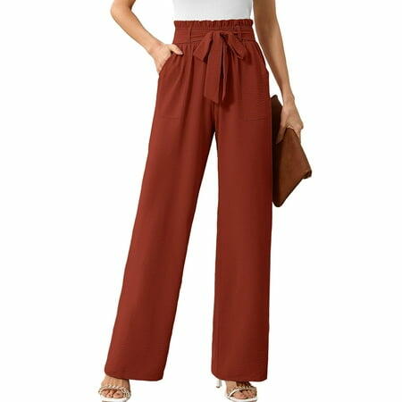 Chiclily Womens Wide Leg Pants with Pockets Casual Work Trousers Brown XL
