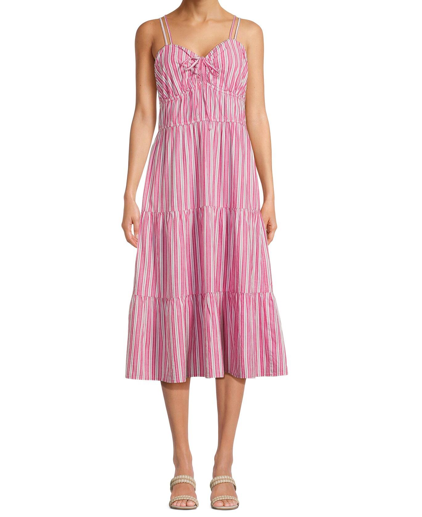 Time and Tru Womens Cross Back Dress with Tiered Skirt Smokin Hot Pink Size S