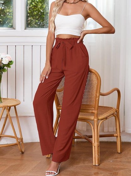 Chiclily Womens Wide Leg Pants with Pockets Casual Work Trousers Brown XL