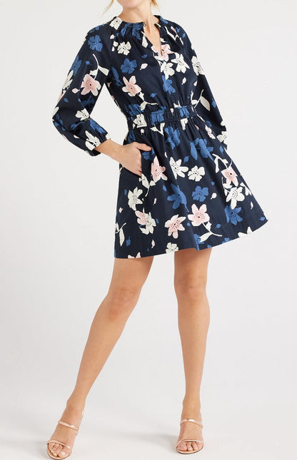 Free Assembly Womens Gathered Waist Mini Dress Navy Floral Size XXL