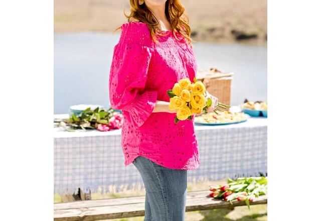 The Pioneer Woman Cotton Off the Shoulder Smocked Eyelet Blouse Beetroot Size M