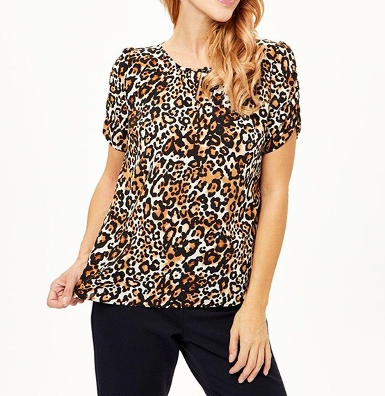 Talbots Blouse Womens Brown Black Leopard Woven Animal Print Notch Neck Size XS