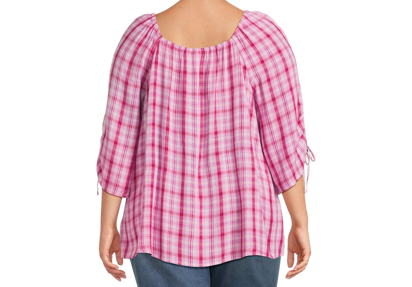 Terra & Sky Womens Square Neck Ruched Top Vibrant Plaid/Brilliant Red Size 2X