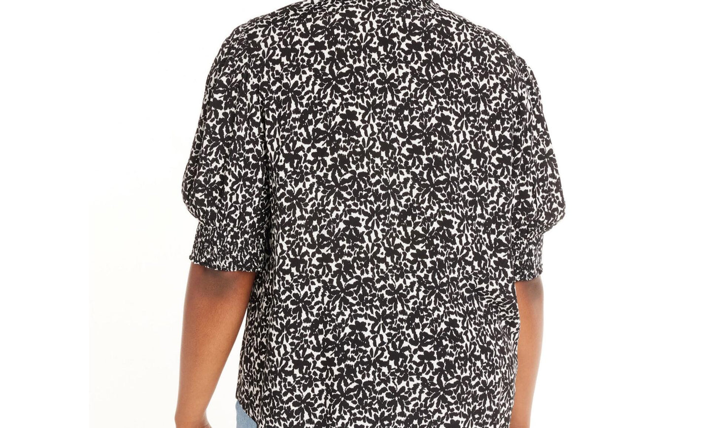 Terra & Sky Womens Plus Size Smocked V-Neck Blouse Floral/Black Size 3X(24W-26W)