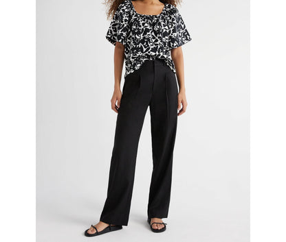 Free Assembly Womens Square Neck Top with Short Sleeves Black Soot Geo Size L