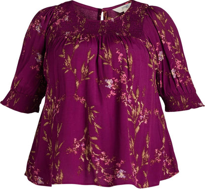 Terra & Sky Womens Plus Smocked Blouse Dreamy Bouquet/ Vivid Plum Sz 4X(28W-30W)