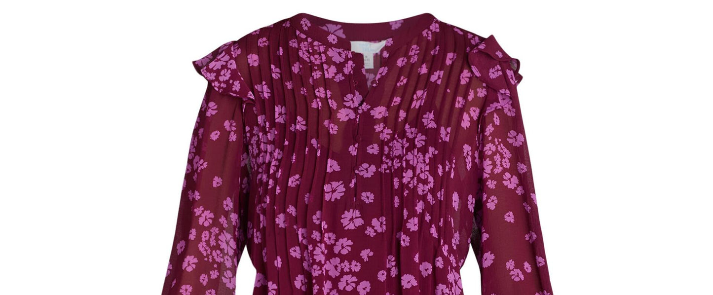 Time and Tru Womens Pintuck Mini Dress Long Sleeves Merlot Wine Daisy Size XS