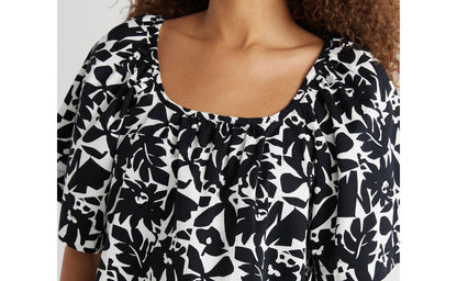 Free Assembly Womens Square Neck Top with Short Sleeves Black Soot Geo Size L