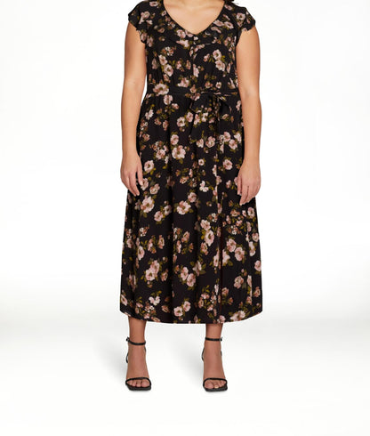 Time and Tru Womens Ruffle Neck Midi Dress Black Floral Size XL (16-18)