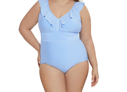 Time and Tru Womens Ruffle Seersucker One Piece Swimsuit Cabana Swim Size M