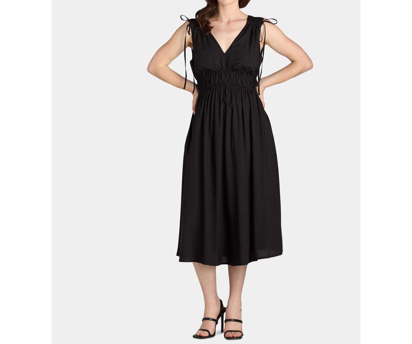 Time and Tru Womens V Neck Smocked Midi Dress Black Soot Size XL (16-18)