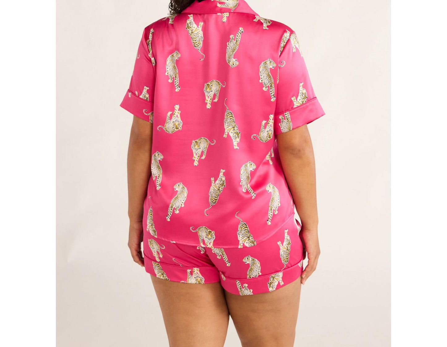 Joyspun Womens Stretch Satin Shortie Pajama Set 2-Pcs Fuchsia Burst/Tigers Sz L