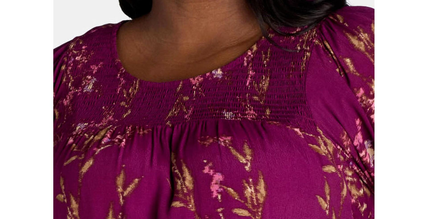 Terra & Sky Womens Plus Smocked Blouse Dreamy Bouquet/ Vivid Plum Sz 4X(28W-30W)