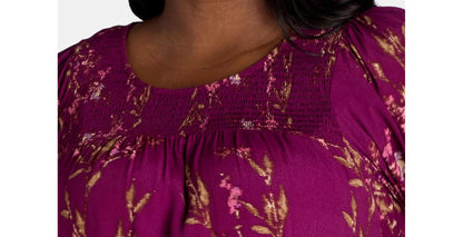 Terra & Sky Womens Plus Smocked Blouse Dreamy Bouquet/ Vivid Plum Sz 4X(28W-30W)