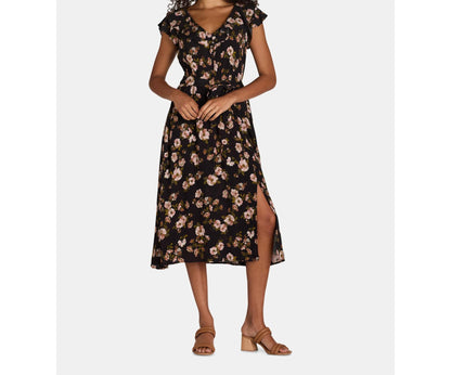 Time and Tru Womens Ruffle Neck Midi Dress Black Floral Size XL (16-18)