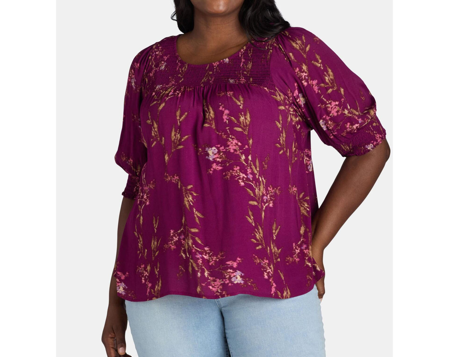 Terra & Sky Womens Plus Smocked Blouse Dreamy Bouquet/ Vivid Plum Sz 4X(28W-30W)