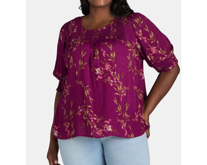 Terra & Sky Womens Plus Smocked Blouse Dreamy Bouquet/ Vivid Plum Sz 4X(28W-30W)