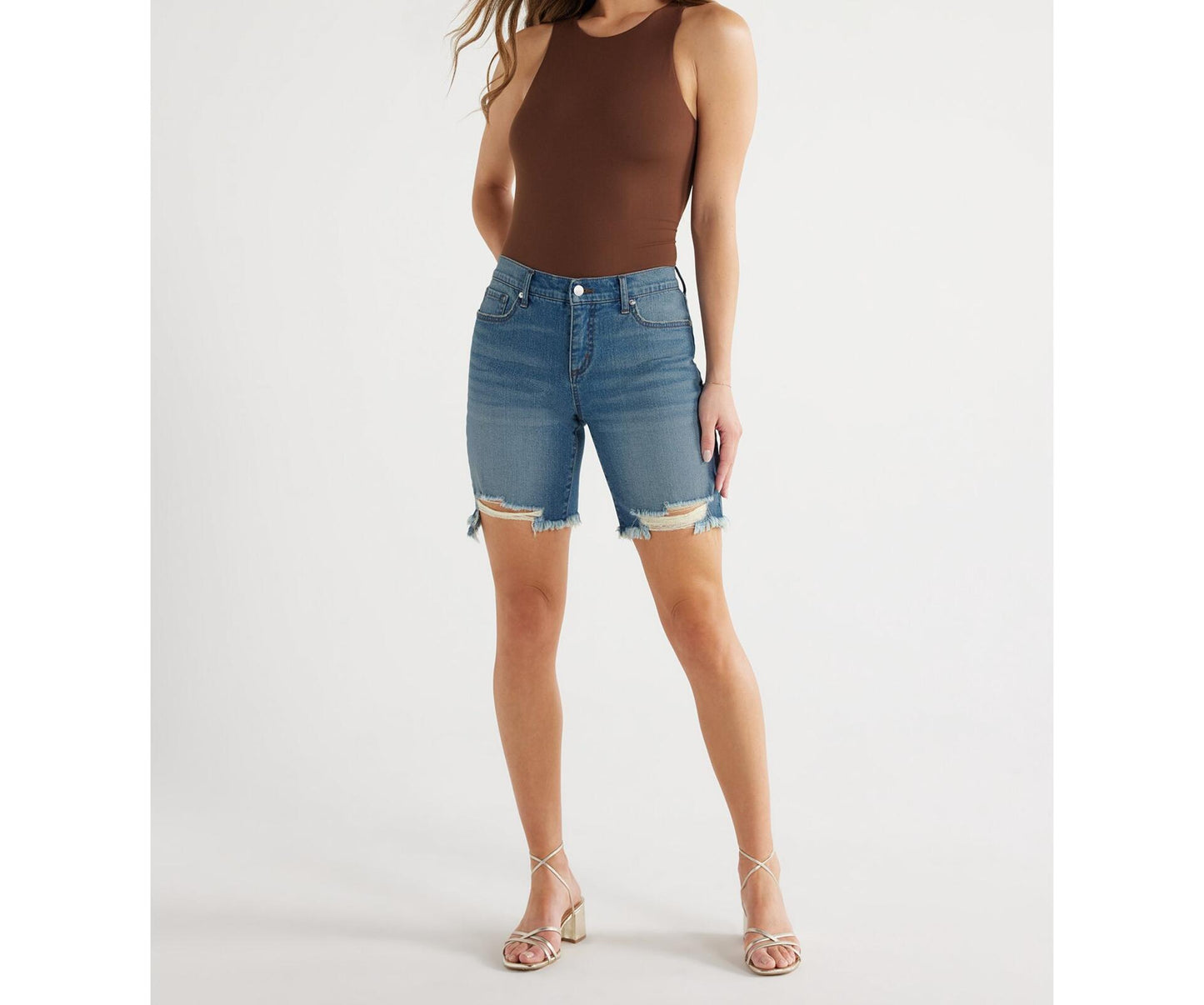 Sofia Jeans Womens Gabriella Bermuda Mid-Rise Destructed Hem Shorts Mdwash Sz 6