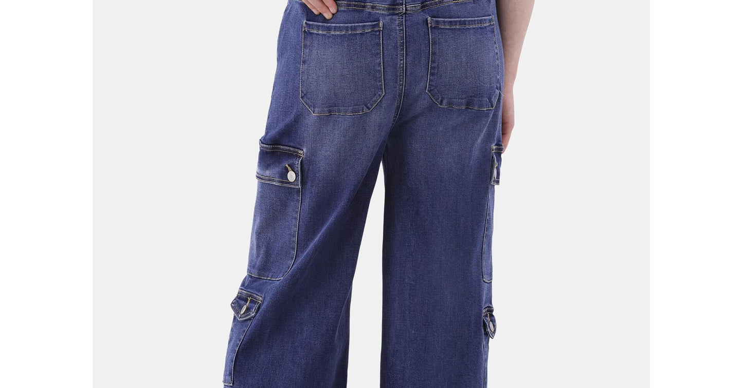 No Boundaries Women Baggy Cargo Jeans 32 Inseam Dark Wash Size S (4-6)