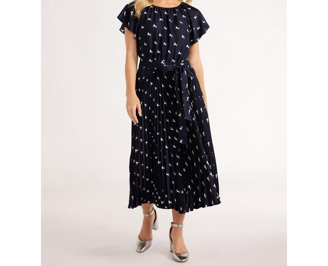Free Assembly Pleated Midi Dress Flutter Sleeves Darkest Navy Horse Size XL