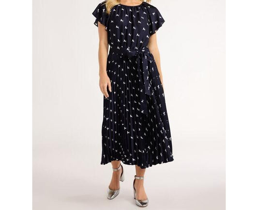 Free Assembly Pleated Midi Dress Flutter Sleeves Darkest Navy Horse Size XL