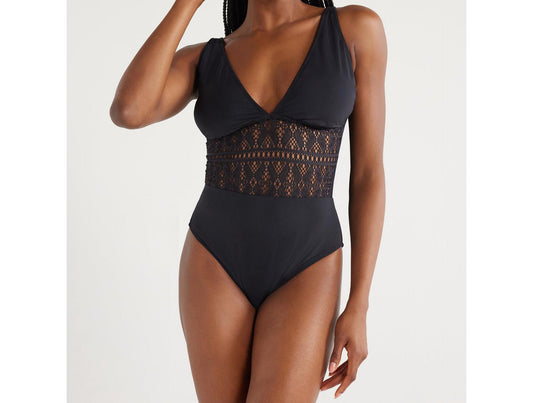 Time and Tru Womens Crochet Plunge One Piece Swimsuit Black Size M