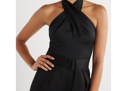 Scoop Womens Wrap Halter Satin Jumpsuit with Wide Leg 32” Inseam Black Size XS