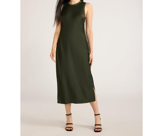 Scoop Womens Sleeveless Crew Neck Satin Midi Tank Dress Kombu Green Size L