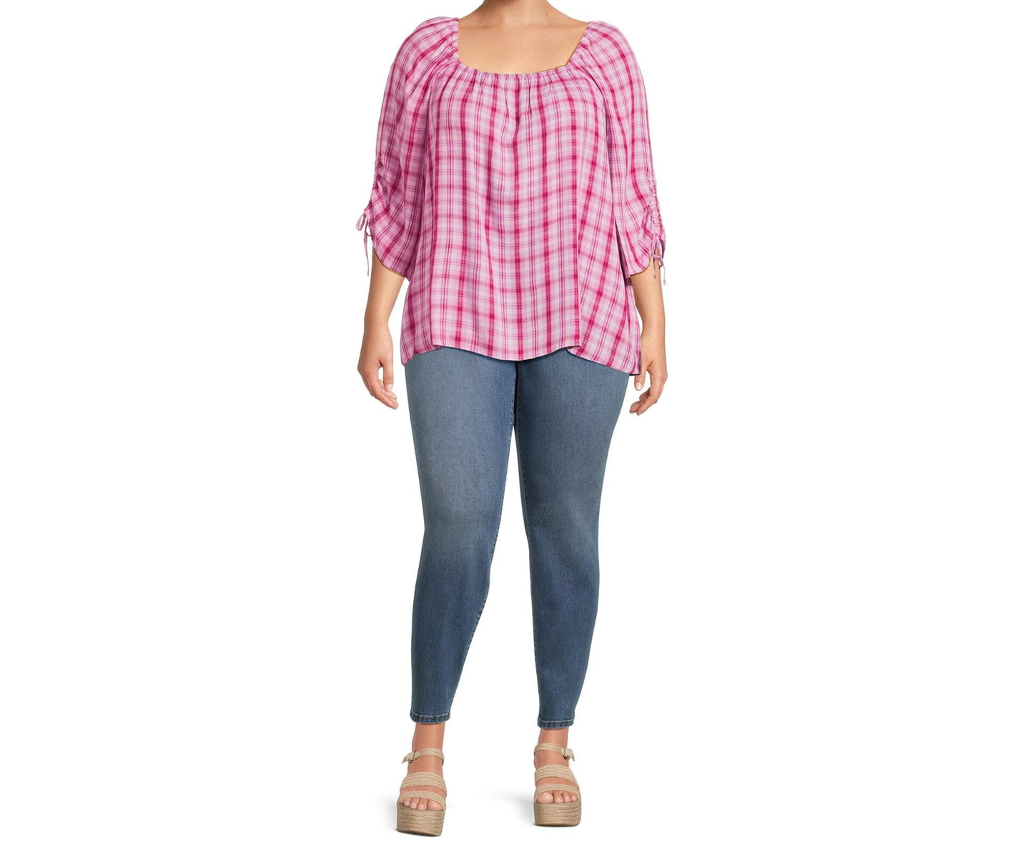 Terra & Sky Womens Square Neck Ruched Top Vibrant Plaid/Brilliant Red Size 2X