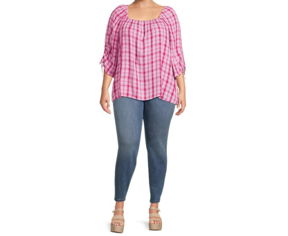 Terra & Sky Womens Square Neck Ruched Top Vibrant Plaid/Brilliant Red Size 2X