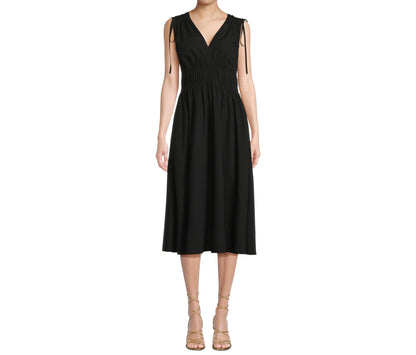 Time and Tru Womens V Neck Smocked Midi Dress Black Soot Size XL (16-18)
