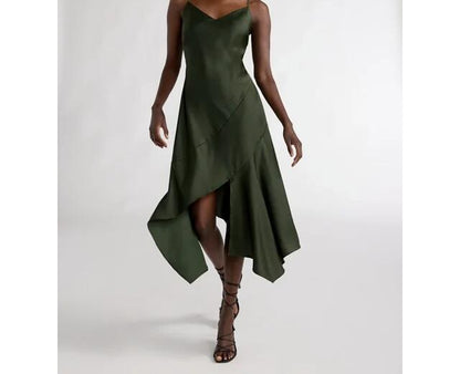 Scoop Womens Asymmetrical Bias Satin Slip Dress Kombu Green Size XL (16-18)
