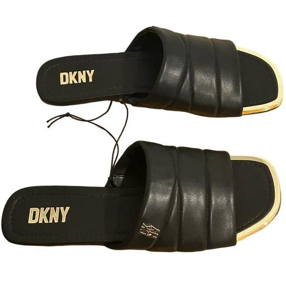 DKNY Logo Flat Slides Womens Accents Square Toe Faux Leather Black Gold Size 8.5