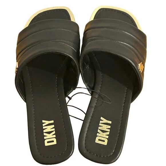 DKNY Logo Flat Slides Womens Accents Square Toe Faux Leather Black Gold Size 8.5
