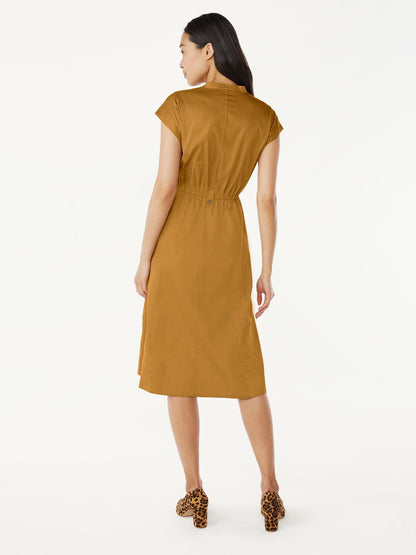 Free Assembly Womens Belted Cotton Utility Midi Dress Short Sleeves Dijon Size S