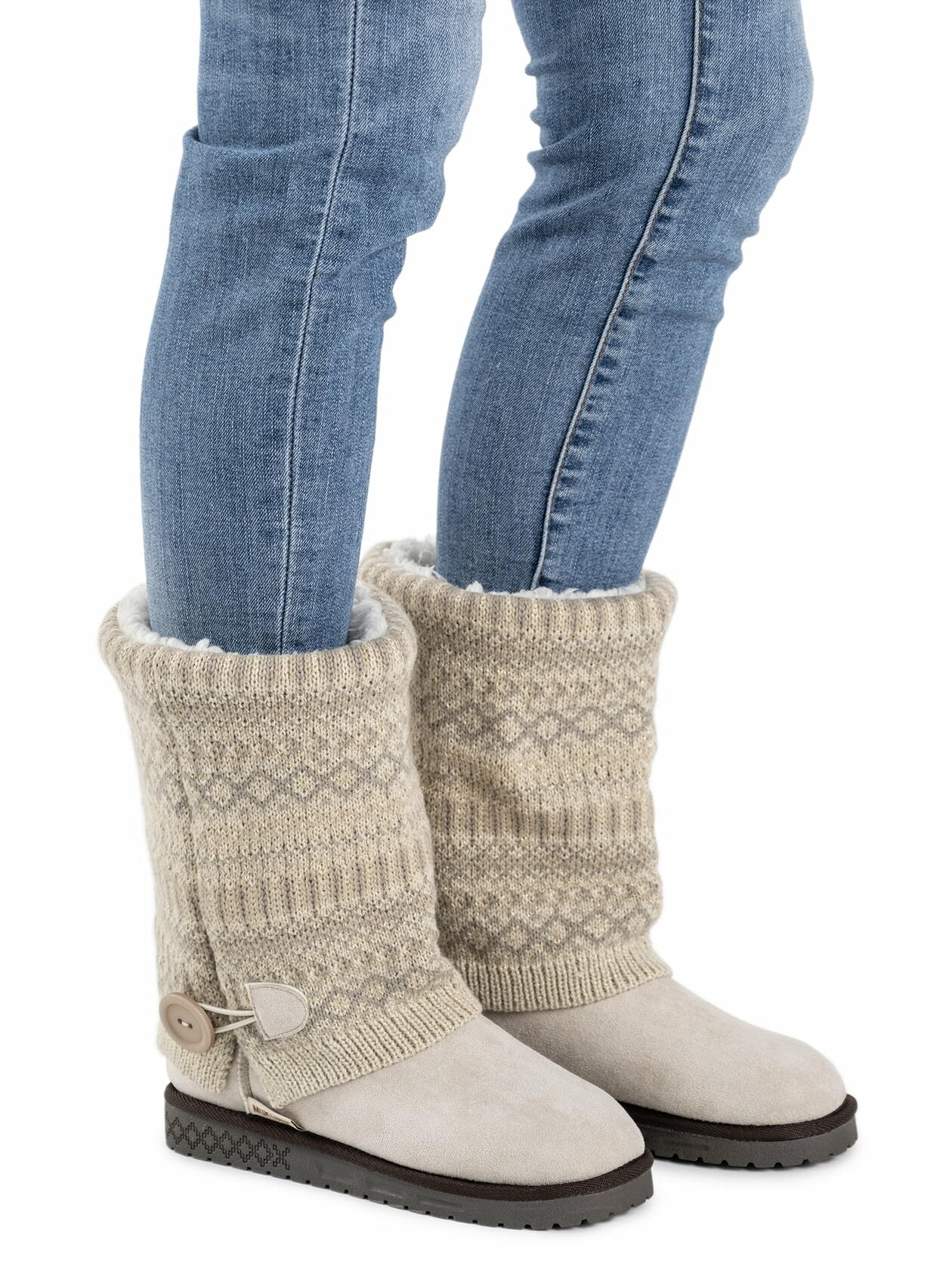 MUK LUKS Womens Janie Knit Cuff Mid-Calf Boot Pull-On Stone Lurex Print Size 7M