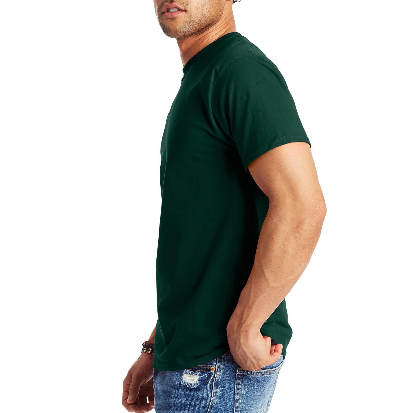 Hanes Mens Beefyt T-shirt Heavyweight Cotton Crewneck Tee Deep Forest Size M