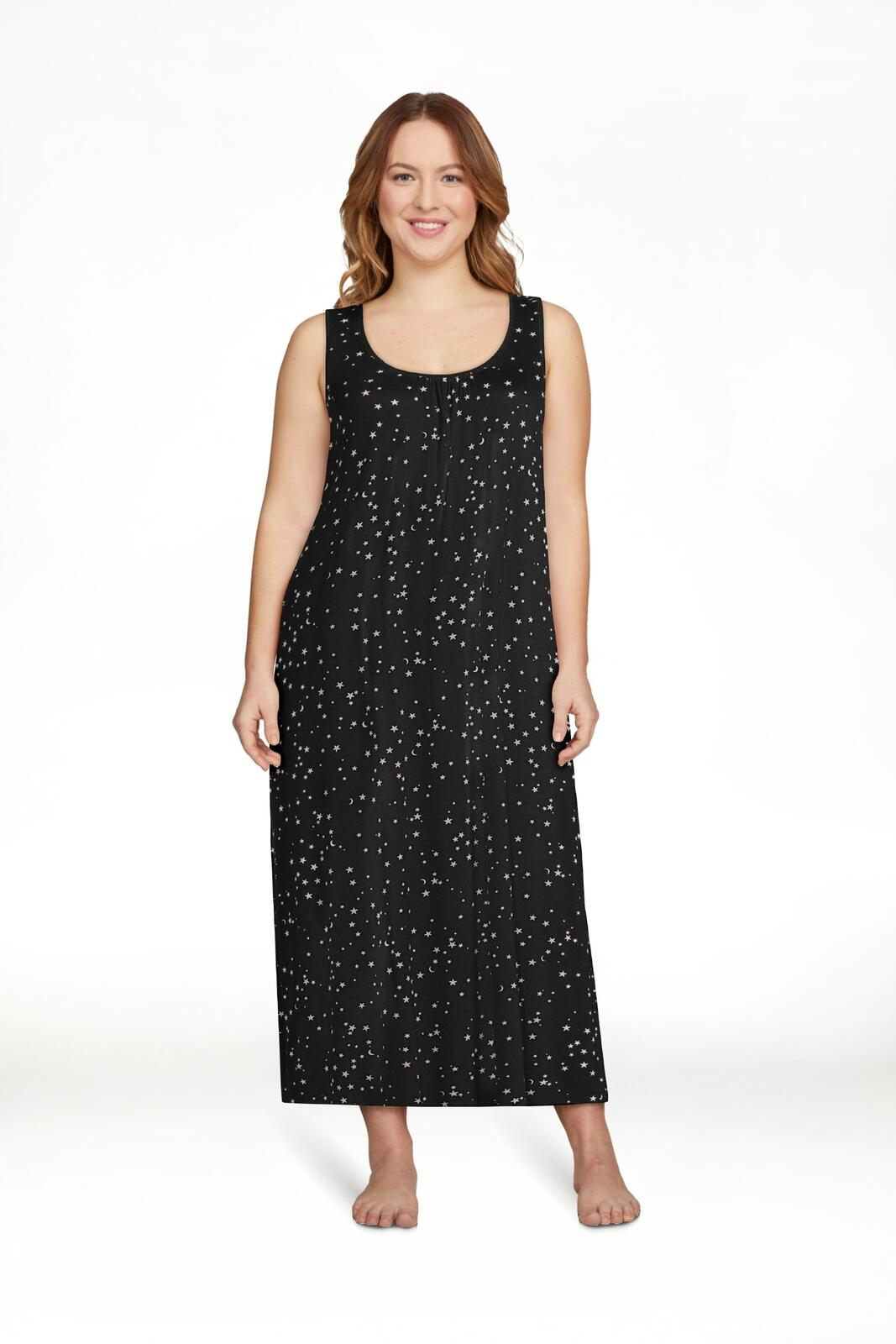 Joyspun Womens Sleeveless Knit Midi Chemise Stars Black Print Size XL