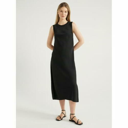 Scoop Womens Sleeveless Satin Midi Tank Dress Black Soot Size M
