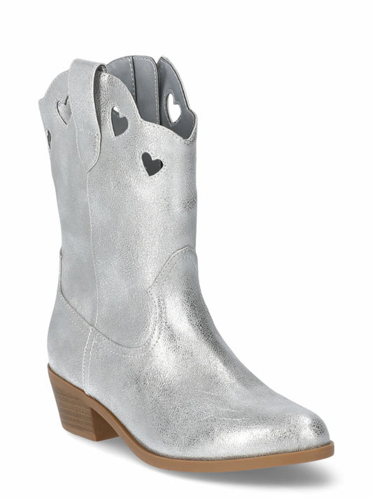 Wonder Nation Girls Fashion Metallic Heart Cowgirl Western Boot Silver Size 6
