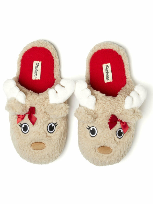 Dearfoams Cozy Comfort Unisex Reindeer Critter Scuff Slippers Tan Size M