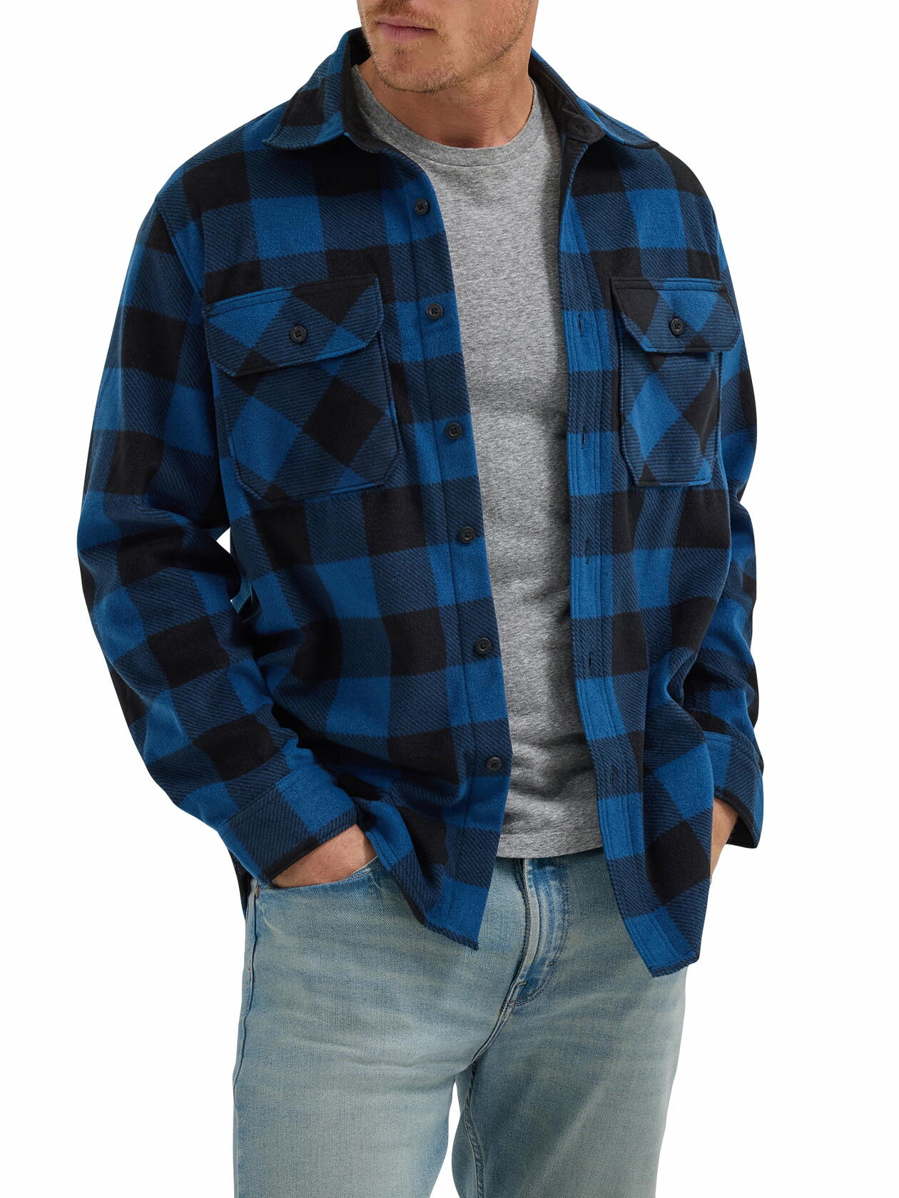 Wrangler Mens Fleece Buffalo Relaxed Fit Long Sleeve Shirt Blue Plaid Size XL