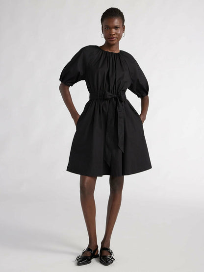 Scoop Womens Fit and Flare Mini Dress with Puff Sleeves Black Soot Size M