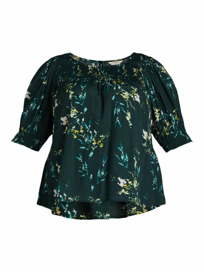 Terra & Sky Womens Plus Smocked Blouse Dreamy bouquet/Forest Clover  Size 1x