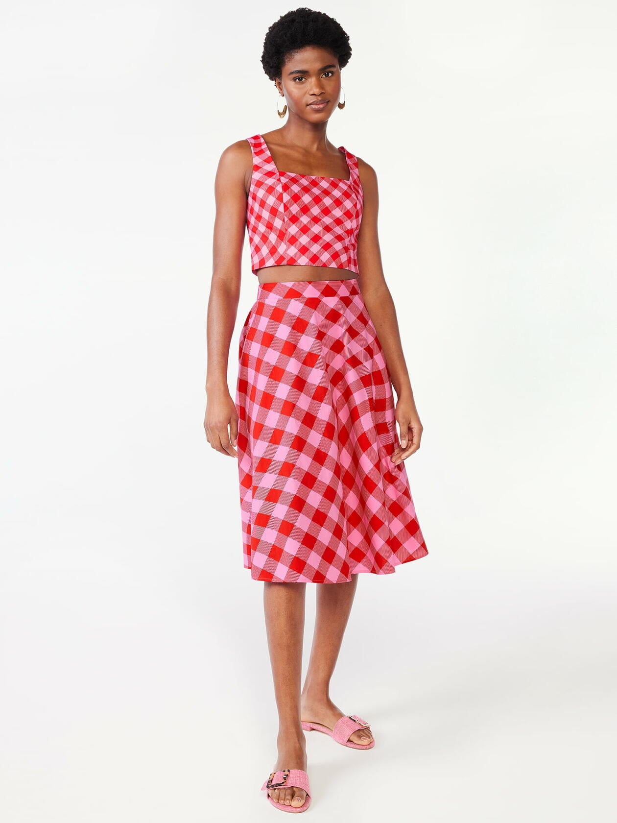 Scoop Womens Square Neck Fitted Poplin Crop Top Salsa Small Wavy Gingham Size L