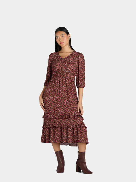 The Pioneer Woman Ruffle Maxi Dress Womens Falling Floral Coffee Size 2x