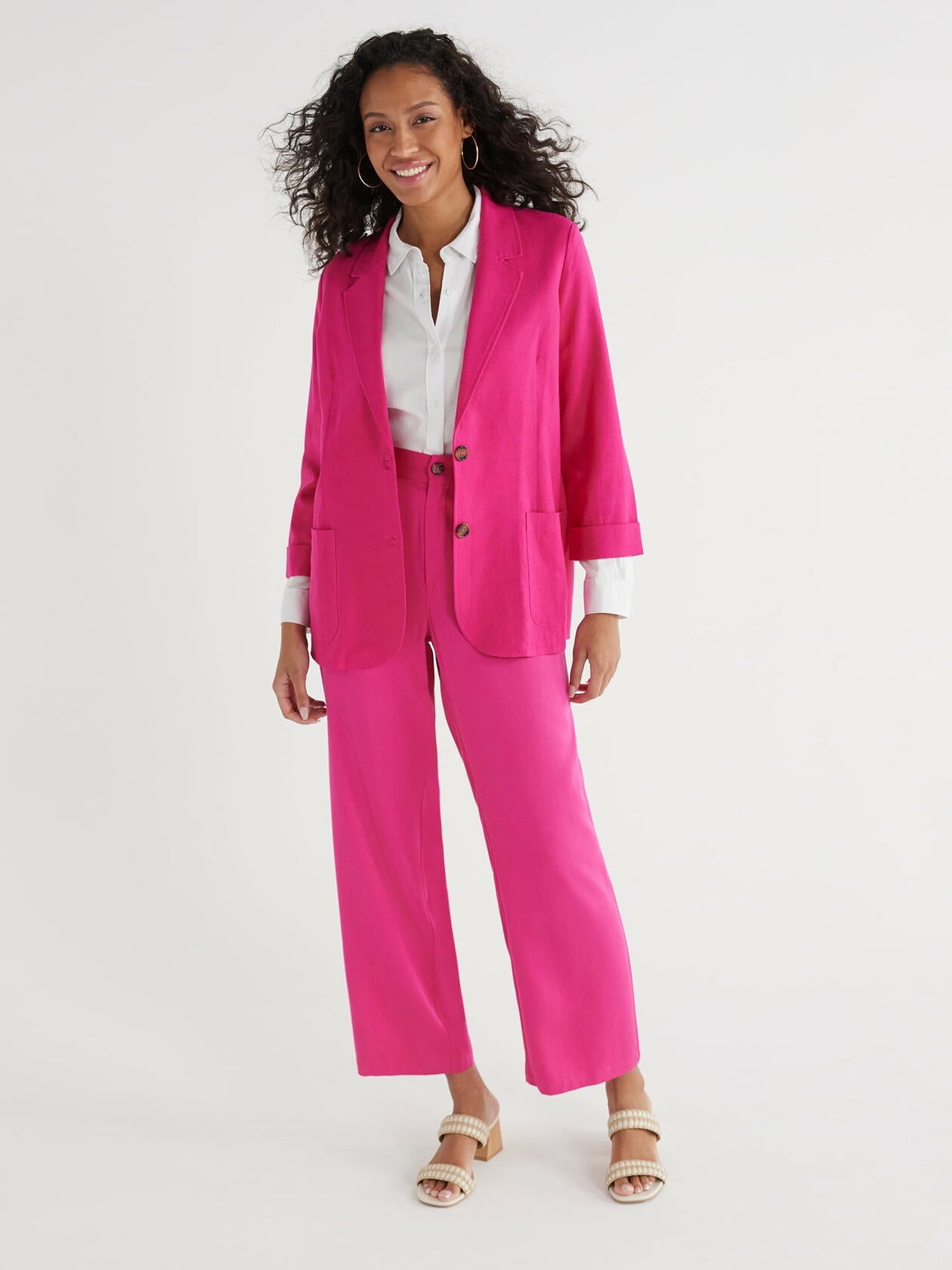 Time and Tru Womens Linen-Blend Button Front Blazer with Patch Pockets Smokin