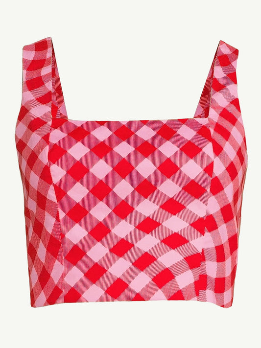 Scoop Womens Square Neck Fitted Poplin Crop Top Salsa Small Wavy Gingham Size L